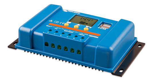 “BlueSolar PWM 12/24V 20A solar charge controller with LCD display, USB ports, and load output control”