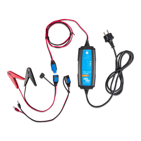 Front view of Victron Blue Smart IP65 Charger 12V 5A showing power input and cable connections