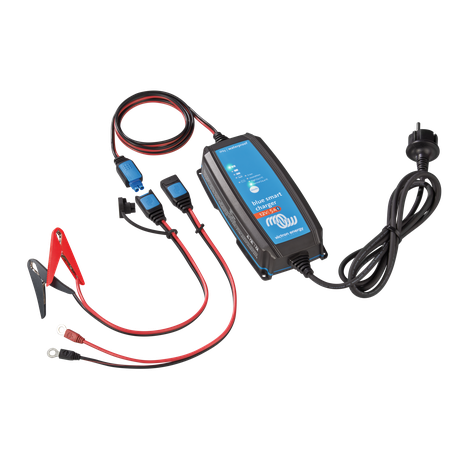 Front view of Victron Blue Smart IP65 Charger 12V 5A showing power input and cable connections