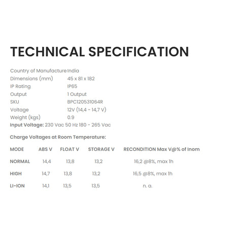 Technical Specifications of the Victron Blue Smart IP65 12V 5A Portable Charger