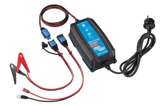 Top View of the Victron Blue Smart IP65 Charger 12V 10A showing power cables and connections
