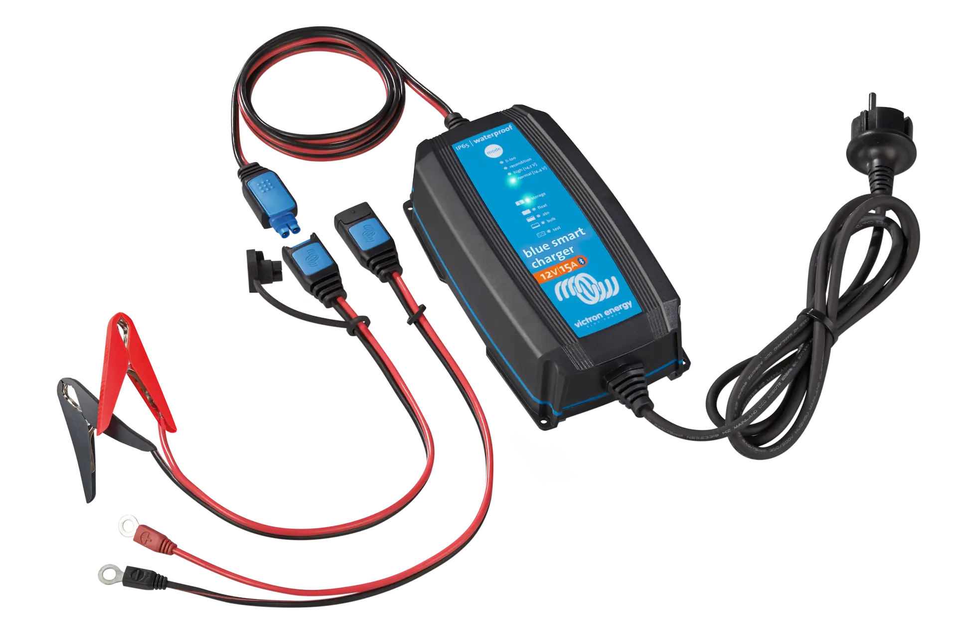 Front view of Victron Energy Blue Smart IP65 12/15 battery charger with LED indicators and Bluetooth connectivity showing power input and connector cables
