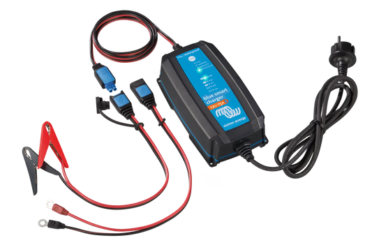 Front view of Victron Energy Blue Smart IP65 12/15 battery charger with LED indicators and Bluetooth connectivity showing power input and connector cables
