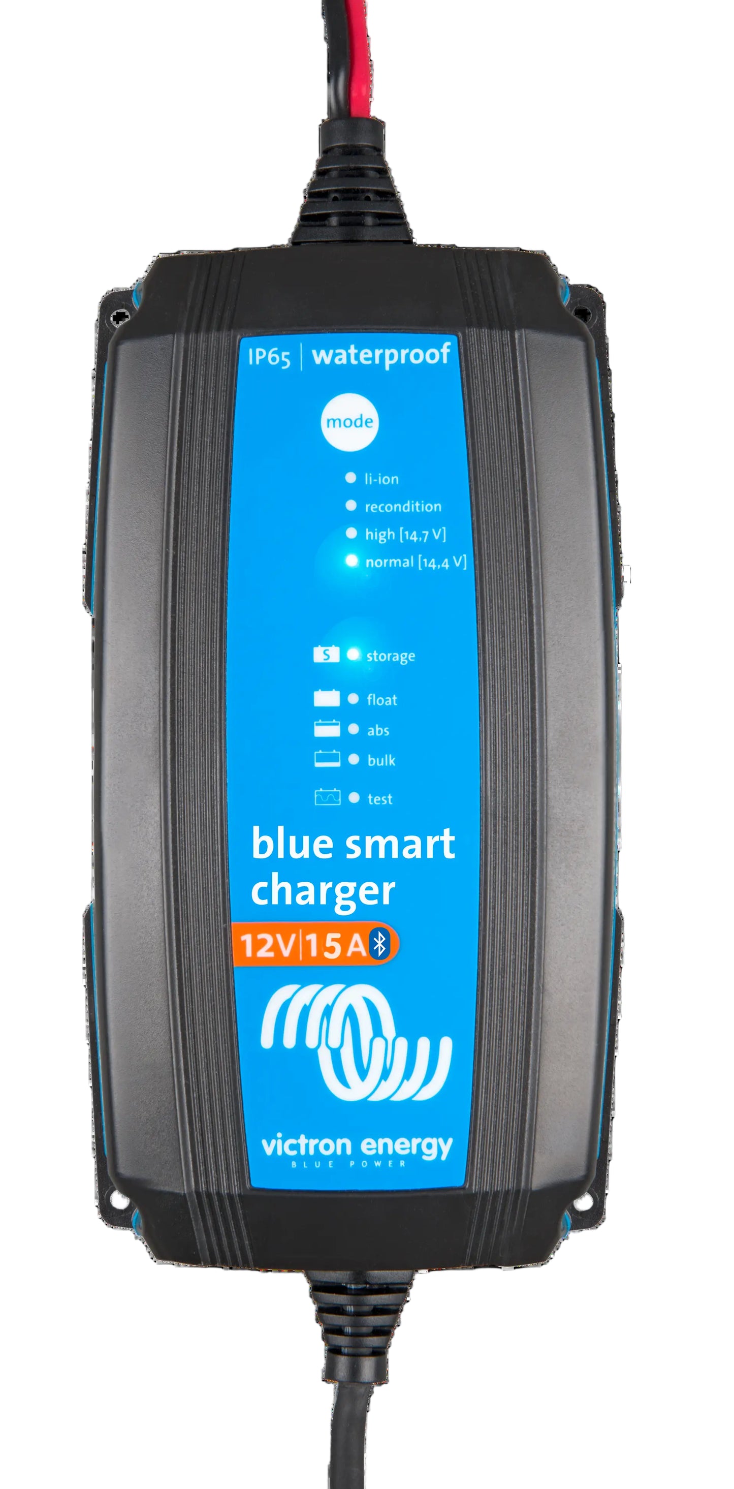Top view of Victron Energy Blue Smart IP65 12/15 battery charger showing LED status indicators
