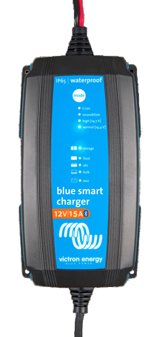 Top view of Victron Energy Blue Smart IP65 12/15 battery charger showing LED status indicators