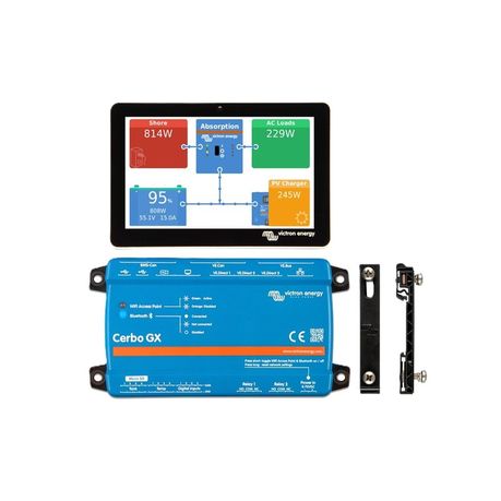 Top view of Victron GX Communication Centre with display screen and smart connectivity for real-time monitoring via VictronConnect app and VRM portal.