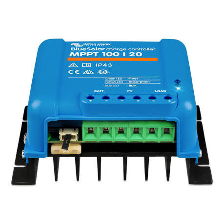 Front view of BlueSolar MPPT 100/20 solar charge controller highlighting the display panel and compact design