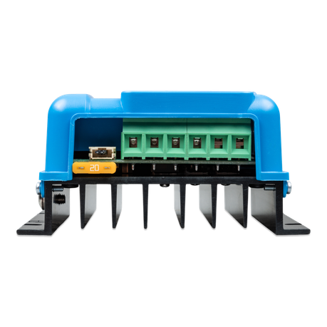 Front view of BlueSolar MPPT 100/20 solar charge controller showing ports and 20A fuse