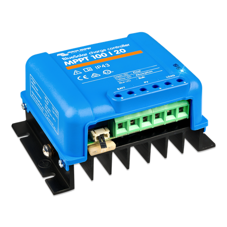 High-efficiency BlueSolar MPPT 100/20 controller angled view with terminals and labels visible