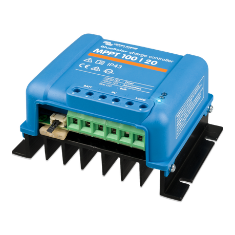 High-efficiency BlueSolar MPPT 100/20 controller angled view with terminals and labels visible