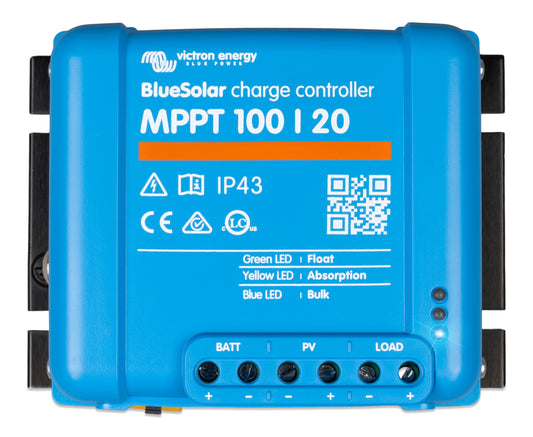 Top view of BlueSolar MPPT 100/20 solar charge controller showing the connection terminals and status indicators