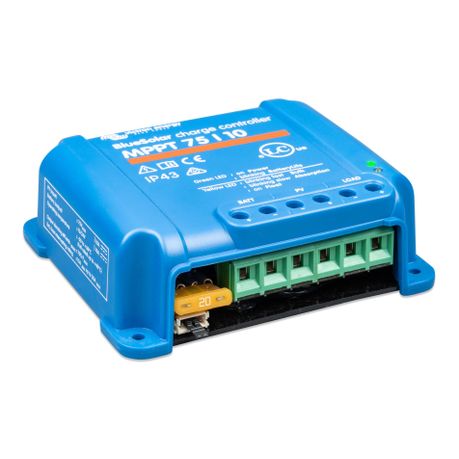 Victron BlueSolar MPPT 75/10 solar charge controller front view showing display and terminal ports