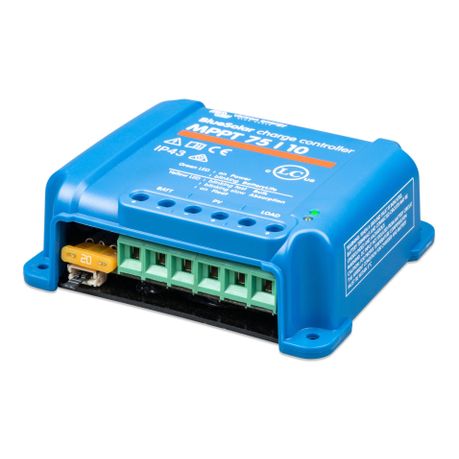 Victron BlueSolar MPPT 75/10 solar charge controller front view showing display and terminal ports