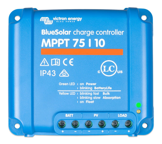 Top view of Victron BlueSolar MPPT 75/10 charge controller showing clean wiring terminals and connection layout