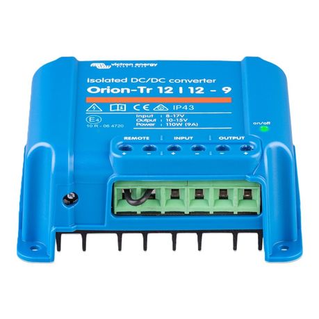 “Victron Energy Orion 12/12-9A DC-DC charger front view – 110W output with remote on/off for vehicles and boats”
“Front panel of Victron Orion 12/12-9A DC-DC charger, IP43 protected and short circuit proof”