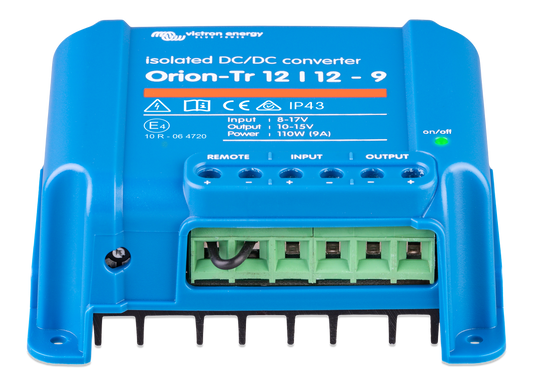 “Victron Energy Orion 12/12-9A DC-DC charger front view – 110W output with remote on/off for vehicles and boats”
“Front panel of Victron Orion 12/12-9A DC-DC charger, IP43 protected and short circuit proof”