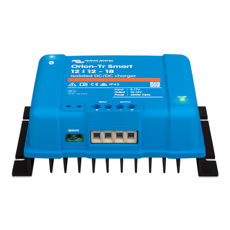 “Orion-Tr Smart 12/12-18A DC-DC charger front view – Bluetooth enabled, adaptive 3-stage charger for vehicles and boats”
“Orion-Tr Smart DC-DC charger for lead-acid and lithium batteries front panel view”