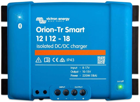 “Top view of Orion-Tr Smart DC-DC charger showing model 12/12-18A and smart Bluetooth connectivity”
“Orion-Tr DC-DC charger top angle – compact design for dual battery systems”