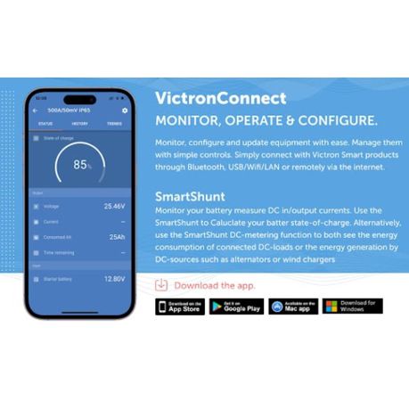 VictronConnect app on a smartphone with app store download options