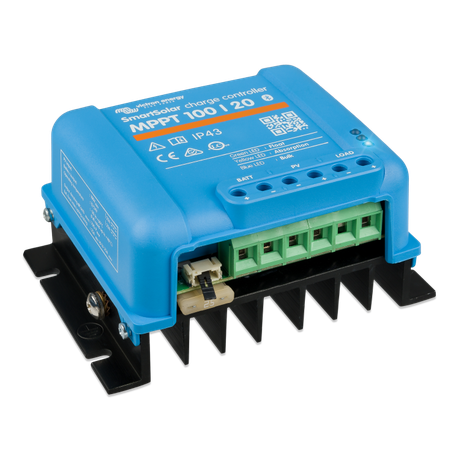 Left Side View of a Victron Energy SmartSolar MPPT 100/20 Charge Controller showing Connection Ports and Labels