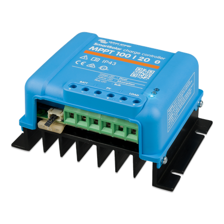 Right Side View of a Victron Energy SmartSolar MPPT 100/20 Charge Controller showing Connection Ports and Labels