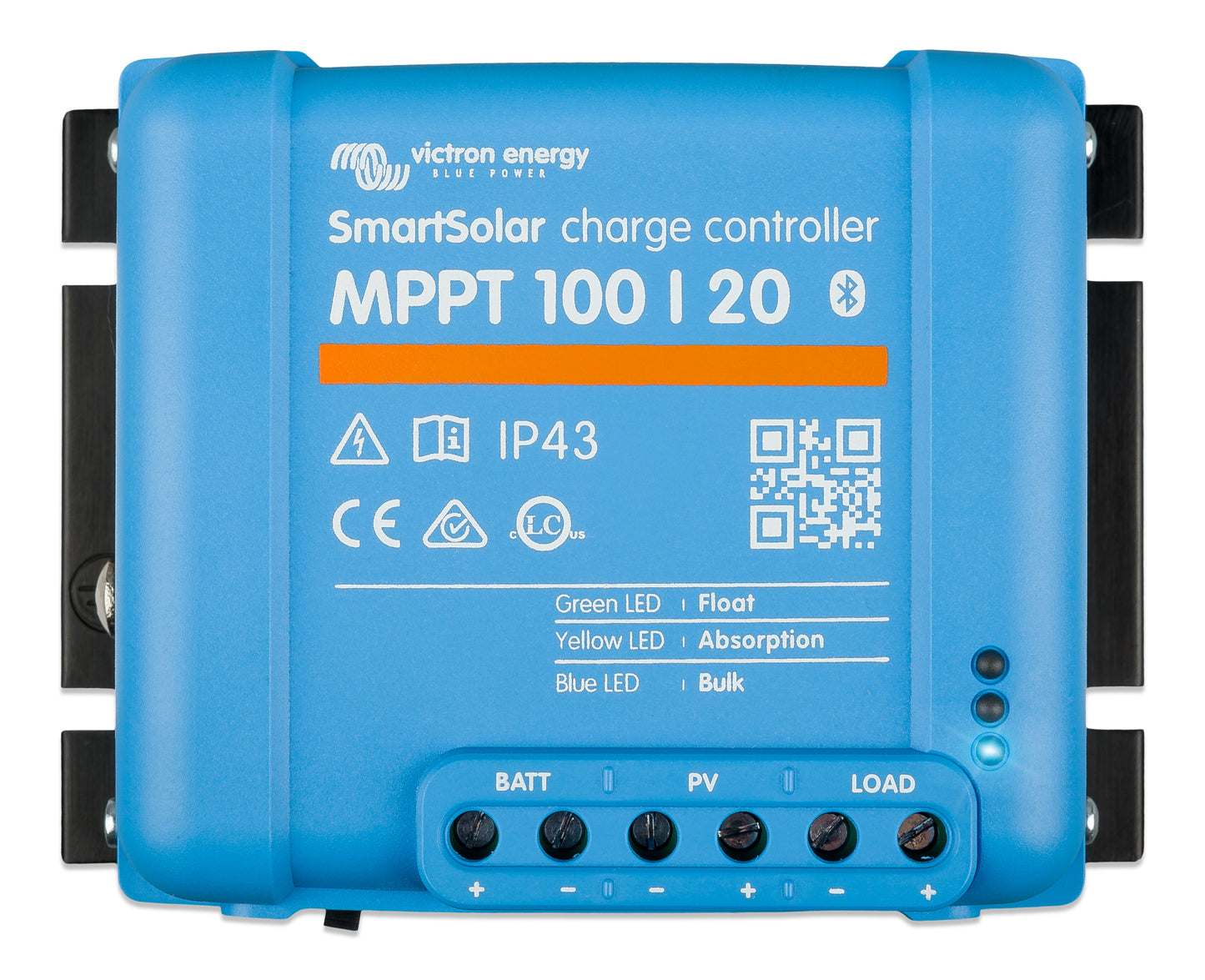 A Top View of the Victron Energy SmartSolar MPPT 100/20 solar charge controller with connection ports for battery and solar panel inputs, and load output.