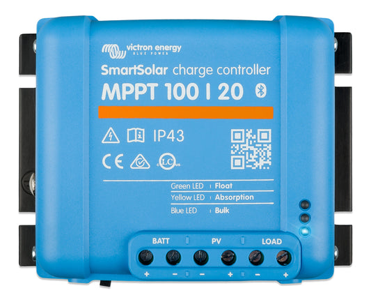 A Top View of the Victron Energy SmartSolar MPPT 100/20 solar charge controller with connection ports for battery and solar panel inputs, and load output.