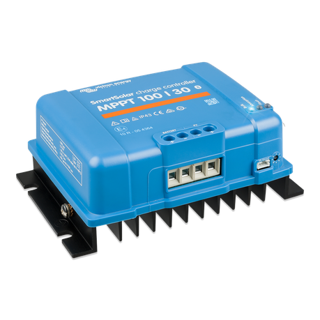Angled view highlighting the SmartSolar 100/30 MPPT controller’s robust casing and terminal connections | Side profile of the Victron SmartSolar MPPT 100/30 with VE.Direct port visible