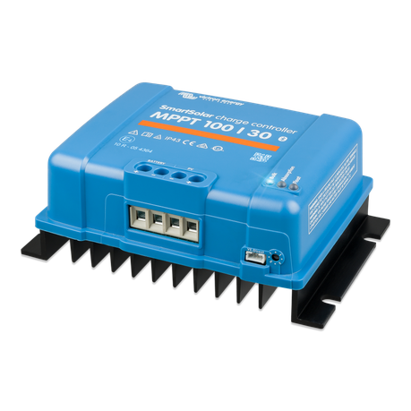 Angled view highlighting the SmartSolar 100/30 MPPT controller’s robust casing and terminal connections.