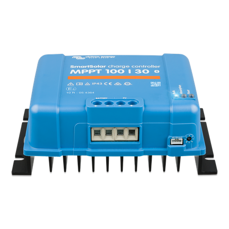 Front view of the Victron SmartSolar MPPT 100/30 Solar Charge Controller showing compact design and display | Victron SmartSolar 100/30 controller viewed from above, emphasizing robust casing and easy-access terminals.