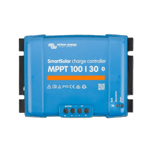 Top view of the Victron SmartSolar MPPT 100/30 Solar Charge Controller showing terminal layout and compact design