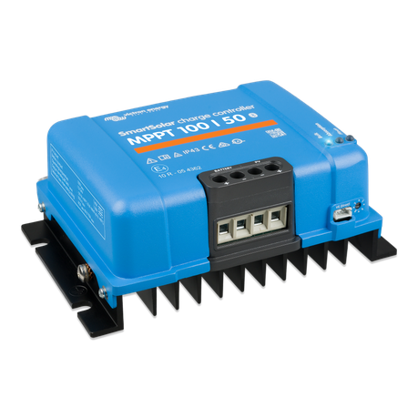 Side view of Victron SmartSolar MPPT 100/50 12/24V solar charge controller showing compact design and mounting options.