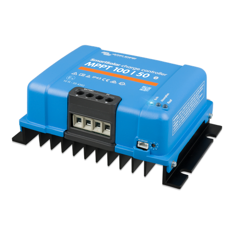 Side view of Victron SmartSolar MPPT 100/50 12/24V solar charge controller showing compact design and mounting options.
