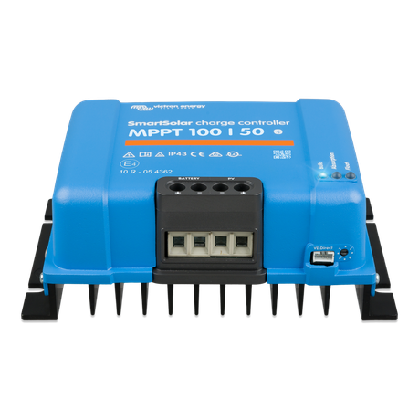 Front view of Victron SmartSolar MPPT 100/50 12/24V solar charge controller showing connection terminals and VE Direct port
