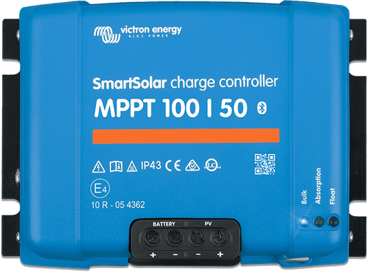 Top view of Victron SmartSolar MPPT 100/50 12/24V solar charge controller showing heat sink, compact design, and screw terminal layout for PV and battery connections.