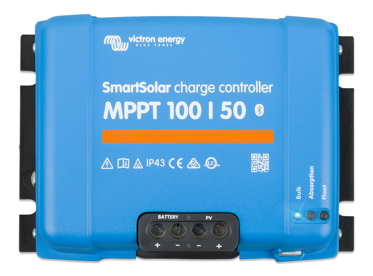 Top view of Victron SmartSolar MPPT 100/50 12/24V solar charge controller showing heat sink, compact design, and screw terminal layout for PV and battery connections.