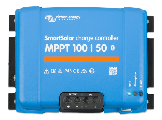 Top view of Victron SmartSolar MPPT 100/50 12/24V solar charge controller showing heat sink, compact design, and screw terminal layout for PV and battery connections.