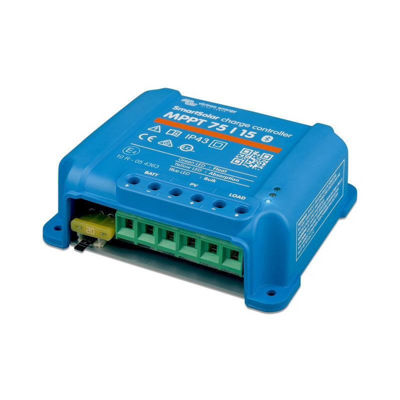 Front view of Victron SmartSolar MPPT 75/15 solar charge controller with built-in Bluetooth and LED status indicators
