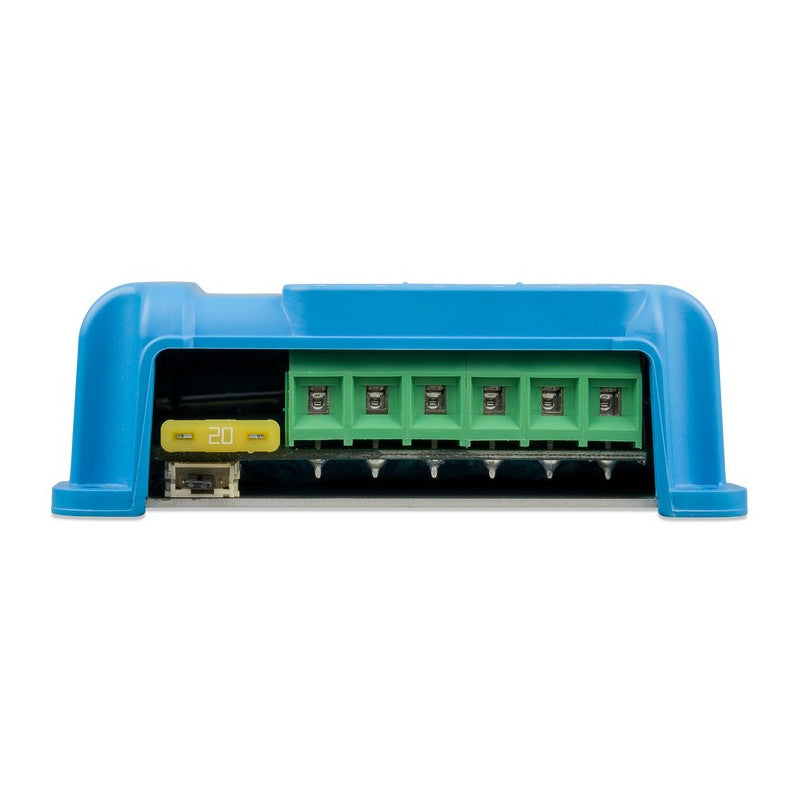 Front view of Victron SmartSolar MPPT 75/15 solar charge controller with built-in Bluetooth showing connection terminals and 20A fuse