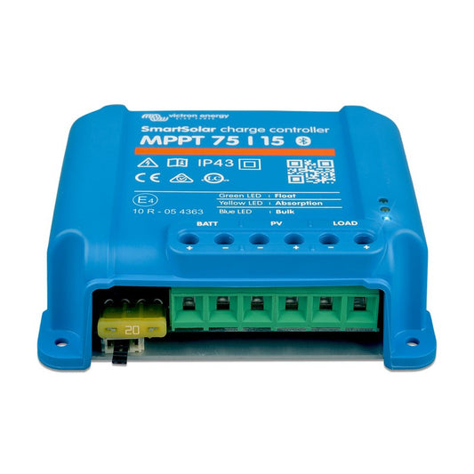 Front view of Victron SmartSolar MPPT 75/15 solar charge controller with built-in Bluetooth and LED status indicators