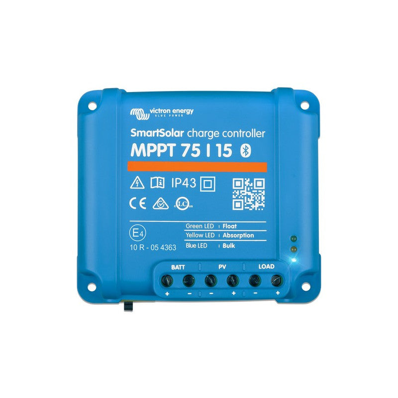 Top view of Victron SmartSolar MPPT 75/15 solar charge controller showing connection terminals and compact design