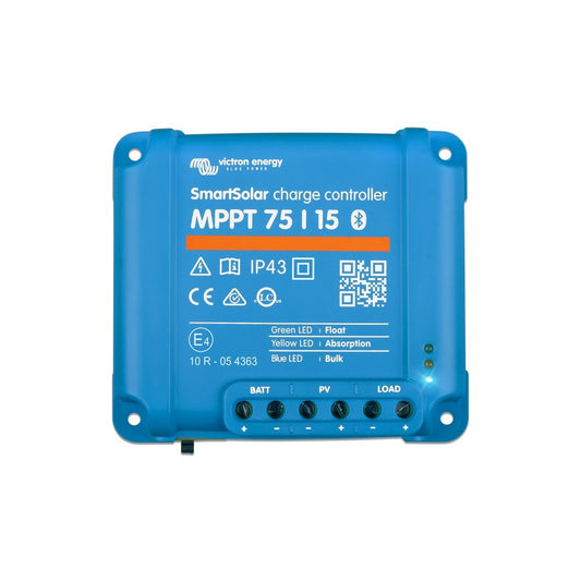 Top view of Victron SmartSolar MPPT 75/15 solar charge controller showing connection terminals and compact design