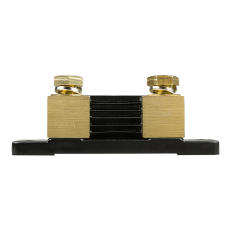 Rear view of Victron Smartshunt 300A showing brass connection terminals on black plastic casing