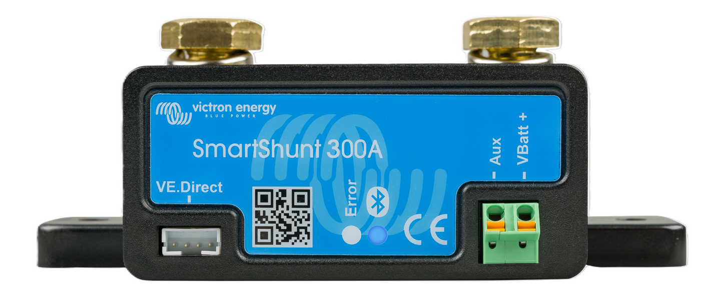 “Close-up of Victron SmartShunt 300A showing VE.Direct port and Bluetooth module