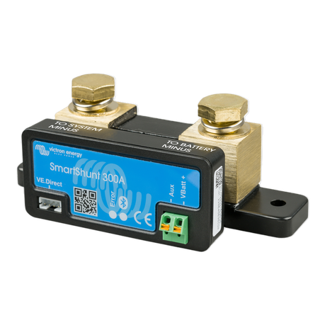 Victron SmartShunt 300A front angled side view showing VE.Direct port and terminal connections
