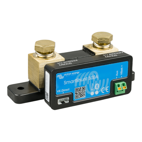 SmartShunt 300A angled view showing terminals, VE.Direct port, and compact casing