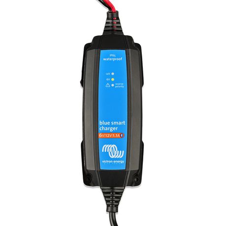 Close-up front view of the Victron IP65 1.1A charger’s status LEDs and protective casing.