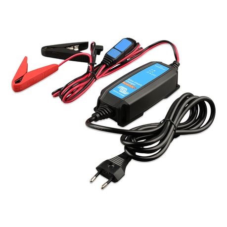 Side profile of the Victron Blue Smart IP65 1.1A charger highlighting slim, compact design | Supplied crocodile clip (clamp connector) included with the Victron Blue Smart IP65 1.1A charger
