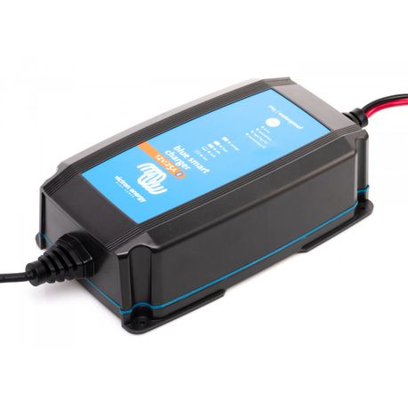 Victron Blue Smart IP65 Charger 12/25 side angled view with connectors visible