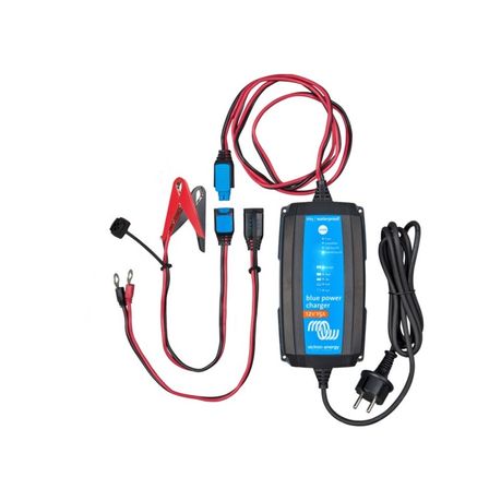 Victron Blue Smart IP65 Charger 12/25 top view showcasing all connector types including crocodile clips and M8 eyelet connectors